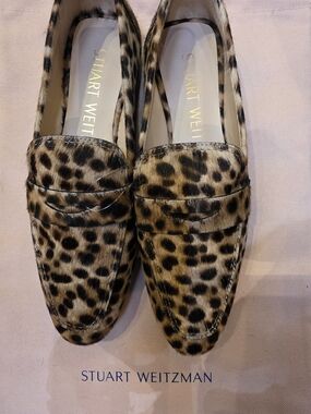 Stuart Weitzman Leopard Pony Hair Penny Loafers in Brown and Bege.Size 6.5